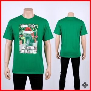 Funny Cat Christmas T-Shirt Unisex Medium Graphic Tee Gift In Litter Box Cotton